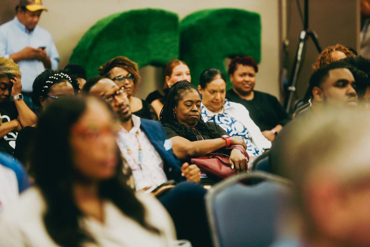 MSCS employees listen to their colleagues speak during a special-called board meeting about the "rapid and chaotic changes taking place in Memphis-Shelby County Schools" on Tuesday, June 11, 2024, at Shelby County Board of Education in Memphis, Tenn.