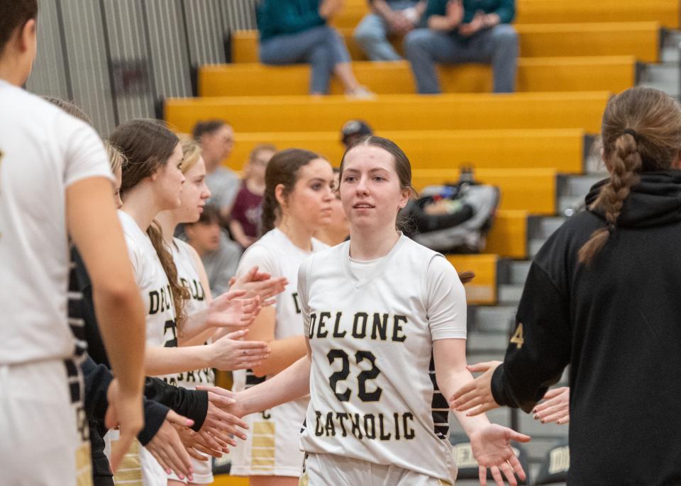 Delone Catholic’s Megan Jacoby is introduced as a starter against Bishop McDevitt in a District 3 Class 4A semifinal on Monday, Feb. 26, 2024. Delone Catholic won 60-31.