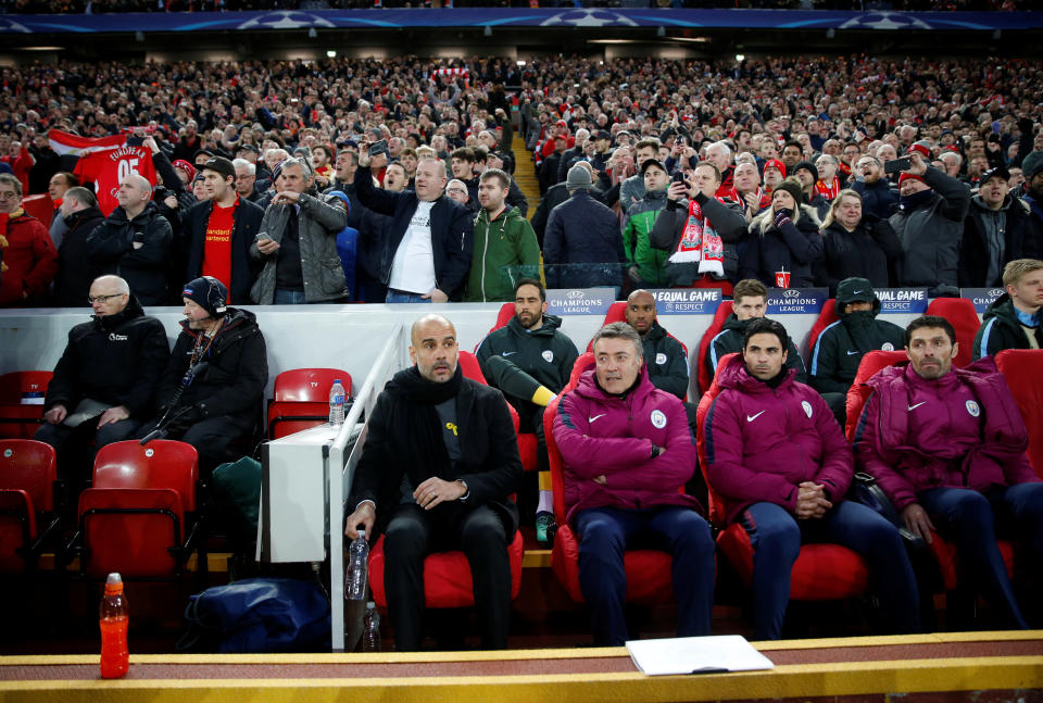 <p>Soccer Football – Champions League Quarter Final First Leg – Liverpool vs Manchester City – Anfield, Liverpool, Britain – April 4, 2018 Manchester City manager Pep Guardiola on the bench in front of Liverpool fans Action Images via Reuters/Carl Recine </p>