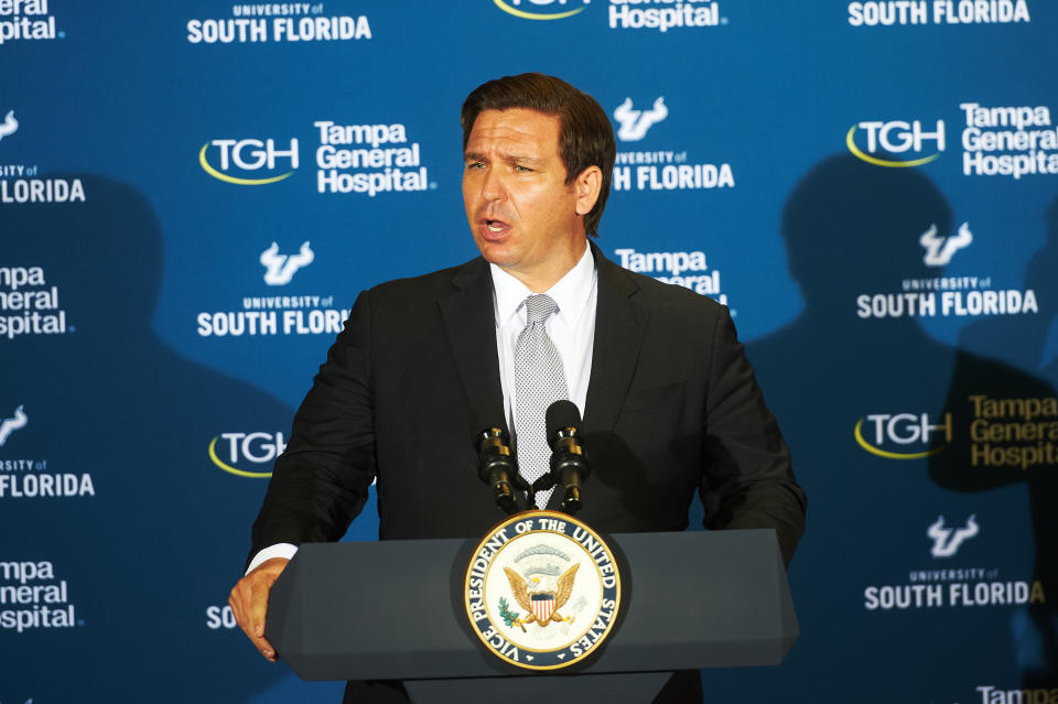 Ron DeSantis, governor of Florida, speaks during a news conference in Tampa, Florida, U.S., on Thursday, July 2, 2020.  (Zack Wittman/Bloomberg via Getty Images)