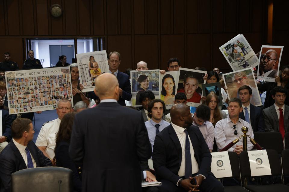 Boeing President and CEO Dave Calhoun addresses relatives of Boeing airplane crash victims on Capitol Hill in Washington, D.C., June 18, 2024.