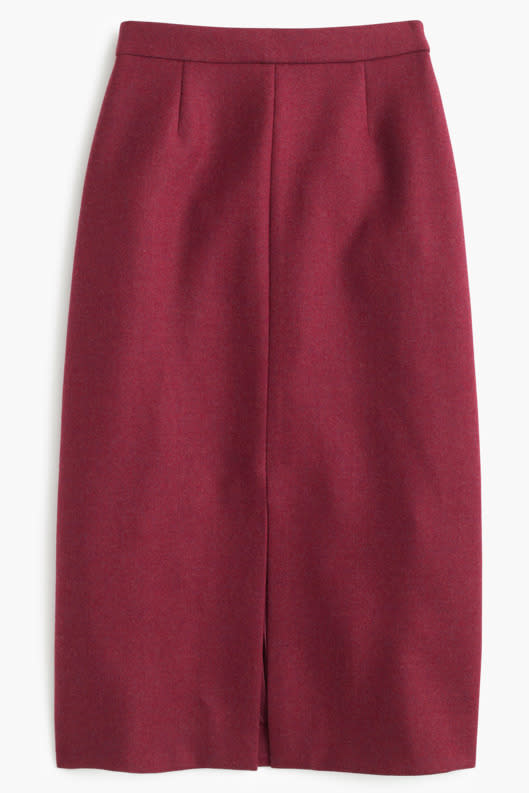 The brand styled this cranberry skirt with a sky-blue sweater and the combo is so cheery yet professional that you should absolutely re-create it.