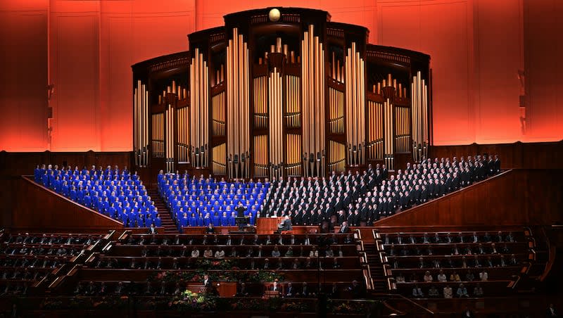 Members of the Tabernacle Choir sing the opening song at the  Conference Center for the morning session of the 194th Annual General Conference of The Church of Jesus Christ of Latter-day Saints in Salt Lake City on Sunday, April 7, 2024.