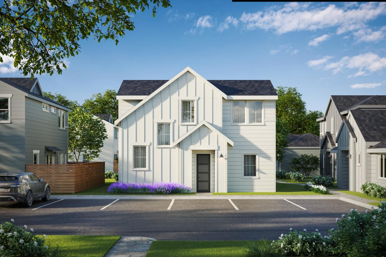 This rendering shows the modern farmhouse design of what ultimately will be a 247-unit rental home project planned for Round Rock.