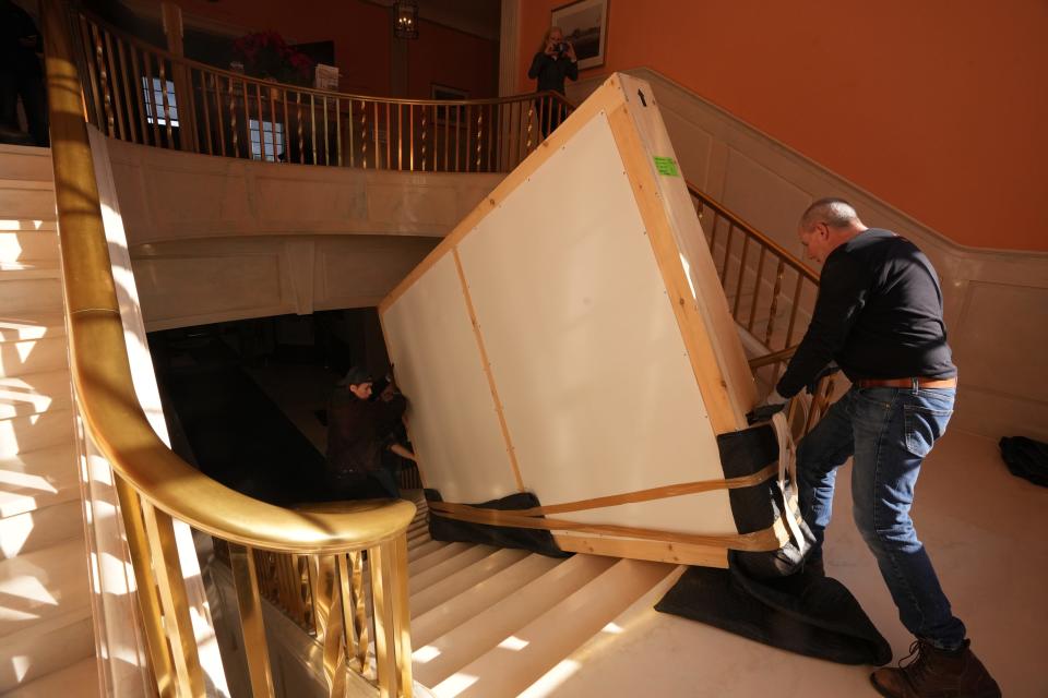 Madison’s celebrated painting of Abraham Lincoln that hung for decades on the wall of the borough’s council chambers was packed up for transport to Washington D.C. and a loan to the National Portrait Gallery in Madison, NJ on January  24, 2023.