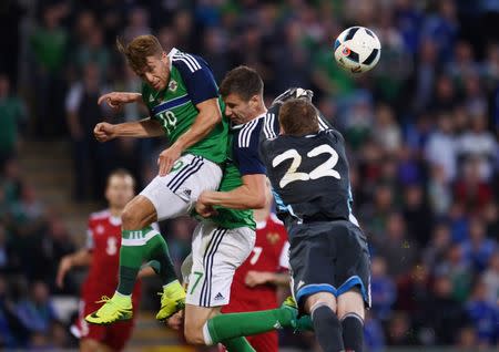 Football Soccer - Northern Ireland v Belarus - International Friendly - Windsor Park, Belfast, Northern Ireland - 27/5/16 Northern Ireland's Jamie Ward and Paddy McNair in action with Belarus' Andrey Gorbunov Reuters / Clodagh Kilcoyne