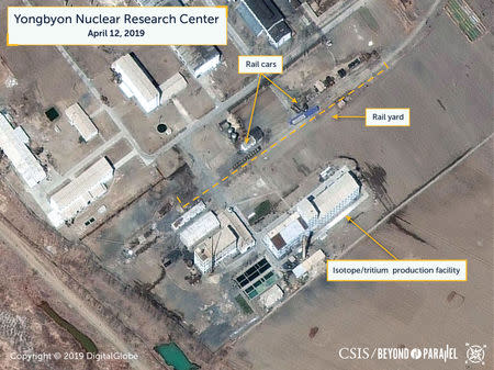 A view of what researchers of Beyond Parallel, a CSIS project, describe as specialized rail cars at the Yongbyon Nuclear Research Center in North Pyongan Province, North Korea, in this commercial satellite image taken April 12, 2019 and released April 16, 2019. CSIS/Beyond Parallel/DigitalGlobe 2019 via REUTERS