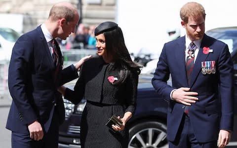  Prince William greets his brother Harry's fiancee Meghan Markle as they arrive for an ANZAC day service at Westminster Abbey - Credit: HANNAH MCKAY /REUTERS