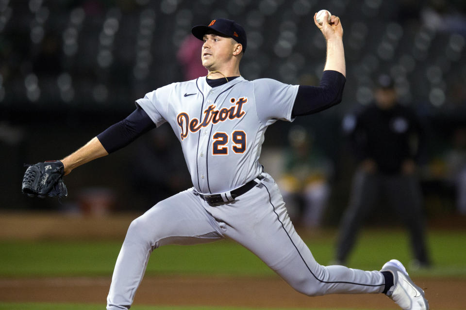 Detroit Tigers starting pitcher Tarik Skubal delivers to an Oakland Athletics batter during the fourth inning of a baseball game Thursday, Sept. 21, 2023, in Oakland, Calif. (AP Photo/D. Ross Cameron)