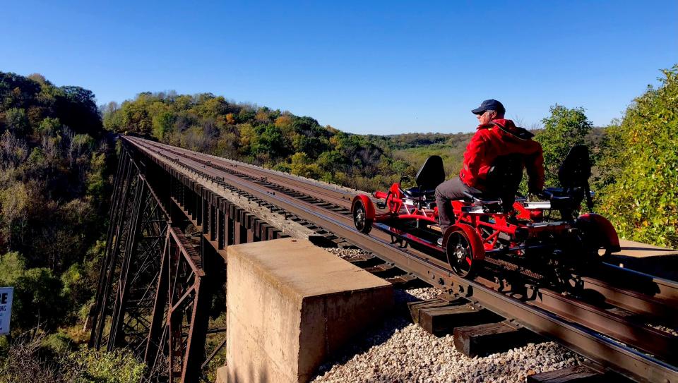 Starting next month, Midwesterners will be able to pedal their way through Iowa's picturesque Des Moines River valley on the tracks of the Boone & Scenic Valley Railroad on a four-wheel, motor-assisted railbike.