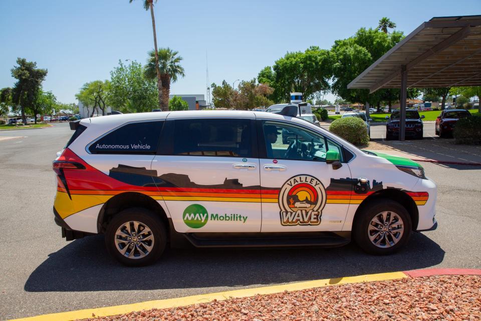 A May Mobility autonomous vehicle in the parking lot of the Bell Recreation Center in Sun City on Thursday, May 4, 2023.