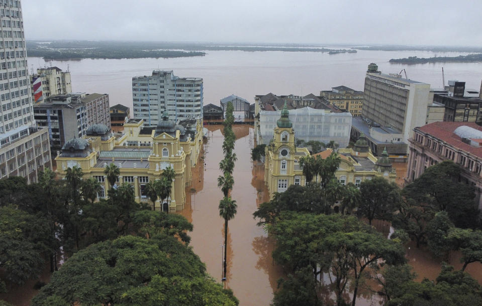 An aerial view of an area flooded by heavy rains in Porto Alegre, Rio Grande do Sul state, Brazil, Saturday, May 4, 2024. (AP Photo/Carlos Macedo)