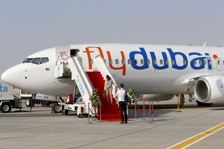 A Flydubai plane is pictured at the Dubai Airshow in this November 8, 2015 file photo. REUTERS/Ahmed Jadallah/Files