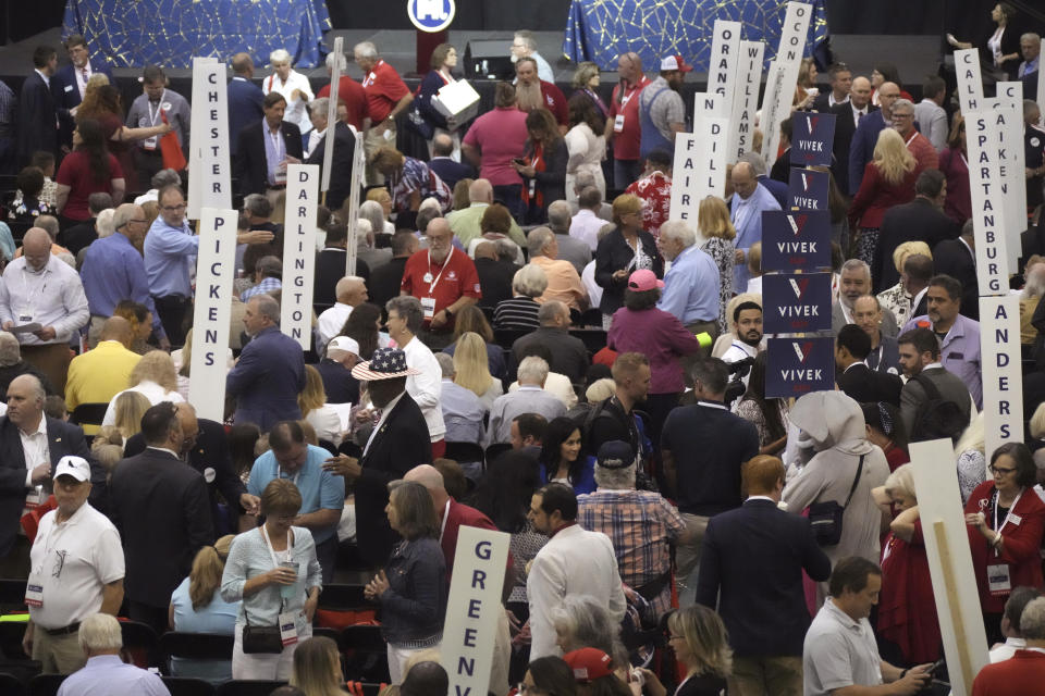 Delegates gather for the South Carolina Republican Party State Convention at River Bluff High School on Saturday, May 20, 2023, in Lexington, S.C. (AP Photo/Meg Kinnard)