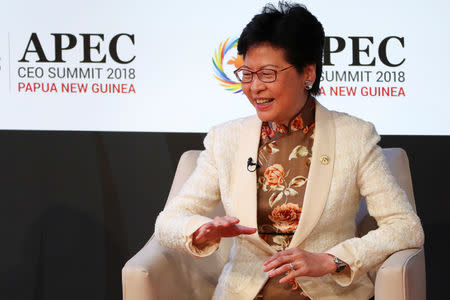 Chief Executive of Hong Kong Carrie Lam reacts during the APEC CEO Summit 2018 at the Port Moresby, Papua New Guinea, 17 November 2018. Fazry Ismail/Pool via REUTERS