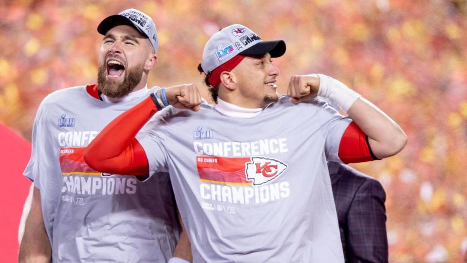 Kansas City Chiefs quarterback Patrick Mahomes, right, and tight end Travis Kelce celebrate after defeating the Cincinnati Bengals 23-20 in the AFC Championship NFL football game at GEHA Field at Arrowhead Stadium on Sunday, Jan. 29, 2023, in Kansas City.