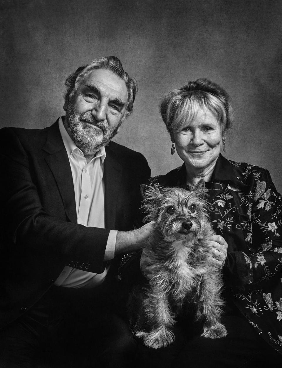 Jim Carter and Imelda Staunton with Molly - a rescue dog , Cairn Terrier cross