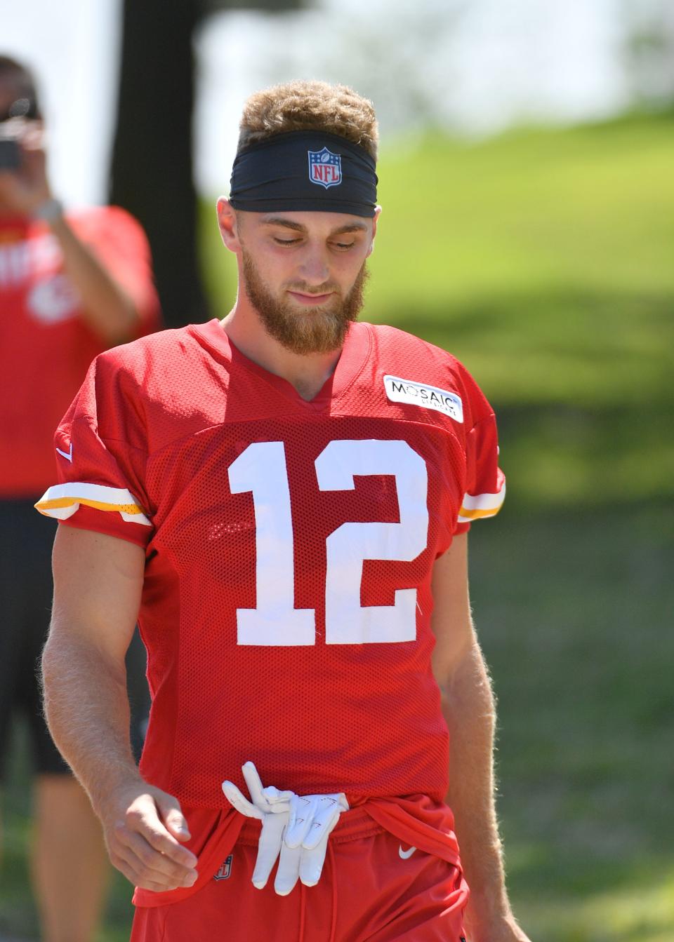 Kansas City Chiefs wide receiver Gehrig Dieter (12) walks to the field on July 27, 2019 during training camp at Missouri Western State University.
