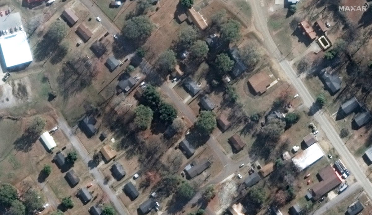 This satellite image provided by Maxar Technologies shows homes along Walnut and Mulberry streets in Rolling Fork on Dec. 27, 2022 (Satellite image ©2023 Maxar Technologie)