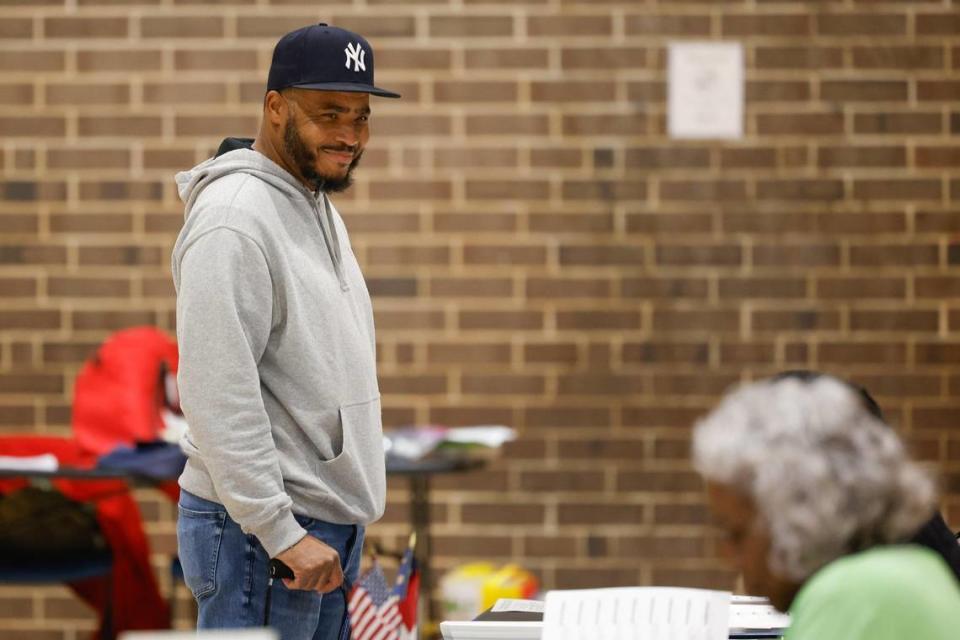 Michael Bankhead is the first voter to arrive at the McCrorey YMCA during the primary election in Charlotte, NC on Tuesday, March 5, 2024.