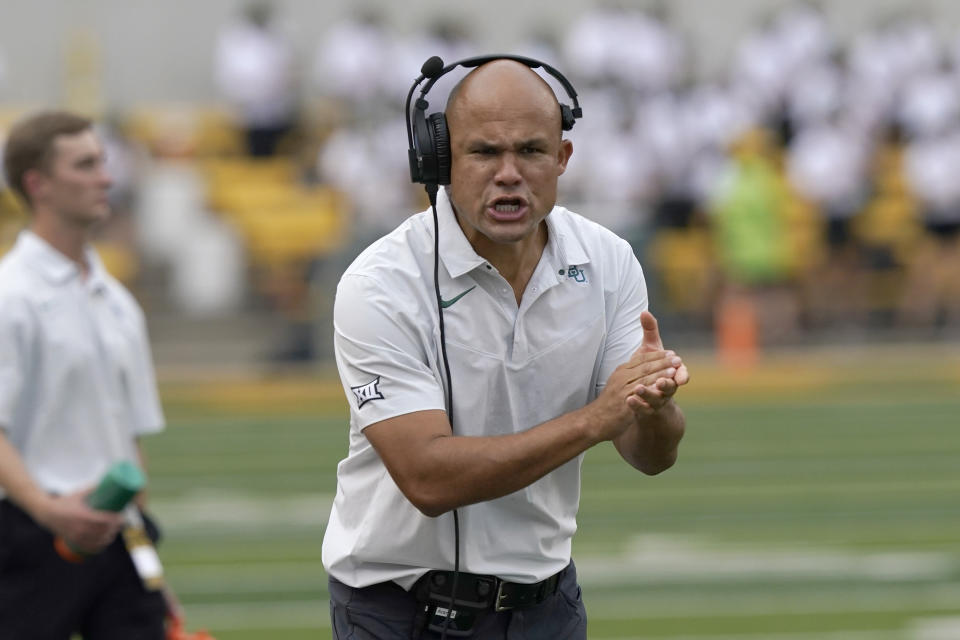 Baylor head coach Dave Aranda yells from the sideline during the first half of an NCAA college football game against Albany in Waco, Texas, Saturday, Sept. 3, 2022. (AP Photo/LM Otero)