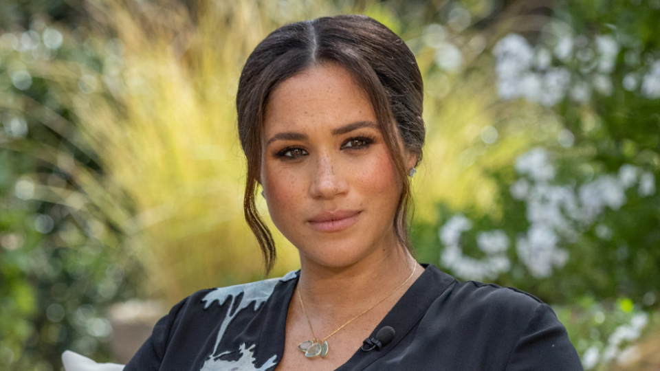 a close up of Meghan Markle's makeup during her Oprah interview 