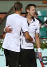 Belarus Max Mirnyi (L) and Canada's Daniel Nestor react after wining over US Bob Bryan and US Mike Bryan during Men's Doubles final tennis match of the French Open tennis tournament at the Roland Garros stadium, on June 9, 2012 in Paris. AFP PHOTO / THOMAS COEXTHOMAS COEX/AFP/GettyImages