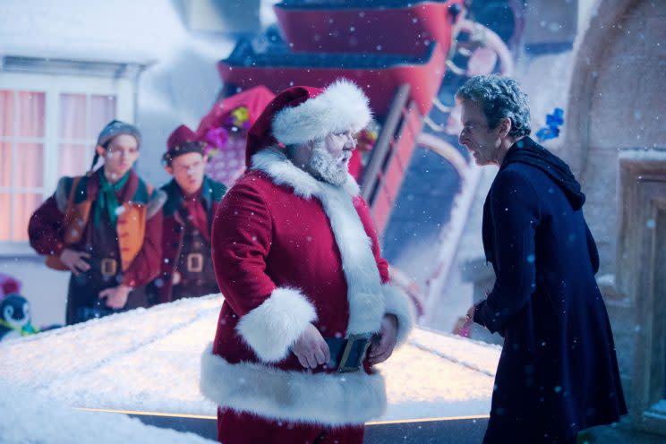 Nathan McMullen, Dan Starkey, Nick Frost, and Peter Capaldi in ‘Last Christmas.’ (Photo Credit: BBC)