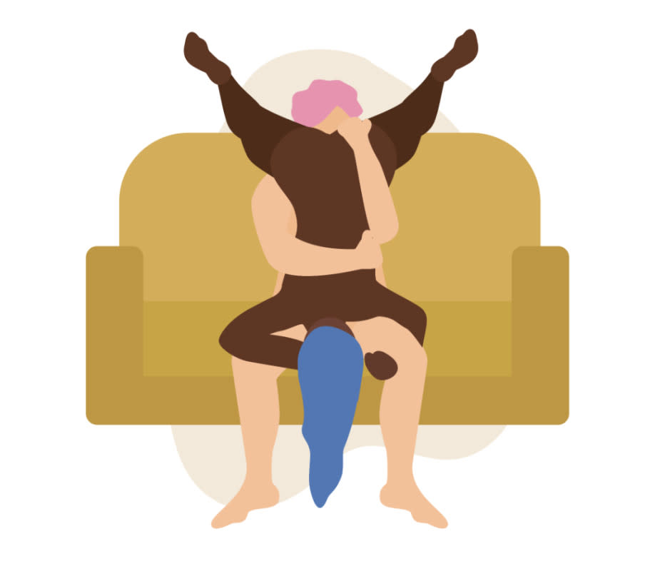<p>Illustrations by Katie Buckleitner </p>How to Do It<ol><li>One partner sits down on an armchair or couch, back firmly pressed against the back. </li><li>The other partner is inverted, using the sitting partner's shoulders and the back headrest of the couch or chair to support their weight. </li></ol>Pro Tip<p>Be sure the chair you’re using has a solid back to support your weight. Otherwise, this position can require too much core strength to be enjoyable. Like standing 69, this position is ideal for inverted partners who are smaller in size, as it can be hard to hold their entire weight while going to town on their body.</p>
