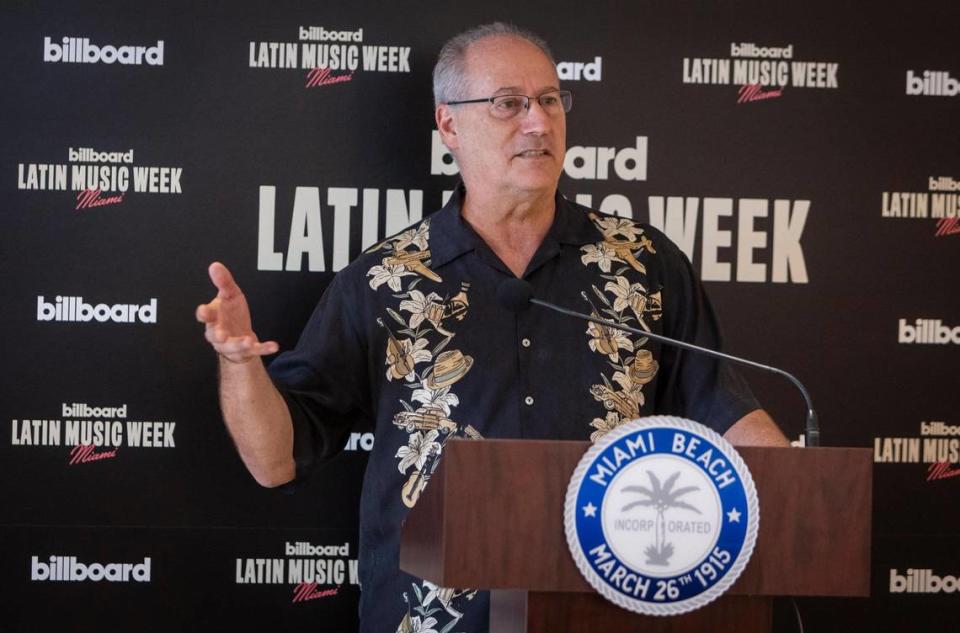 Miami Beach, Florida, September 20, 2023 - Miami Beach Mayor, Dan Gelber speaks to reporters during the Billboard press conference at the Faena Forum in Miami Beach.