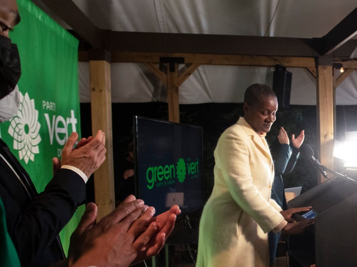 Then-Green Party Leader Annamie Paul stands at the podium as she concedes defeat in her riding of Toronto Centre on election night in Toronto on Monday, September 20, 2021. (Chris Young/The Canadian Press - image credit)