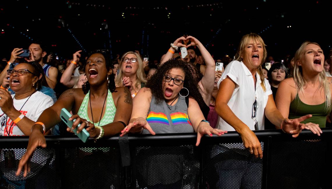 Fans cheer Sam Smith in concert on the “Gloria” tour, Tuesday night, Aug. 1, 2023 in Raleigh, N.C.