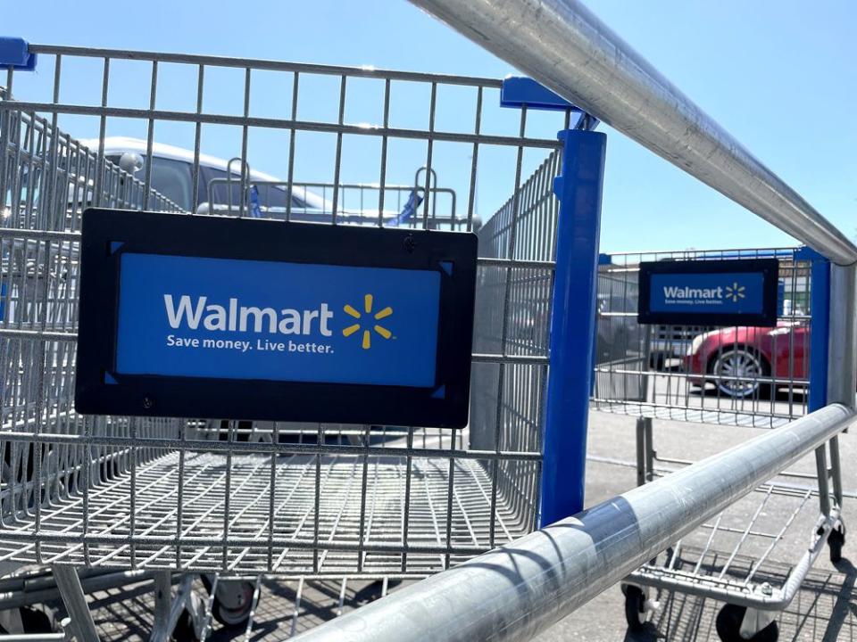  Shopping carts in the parking lot of a Walmart Inc. store in Rohnert Park, California.