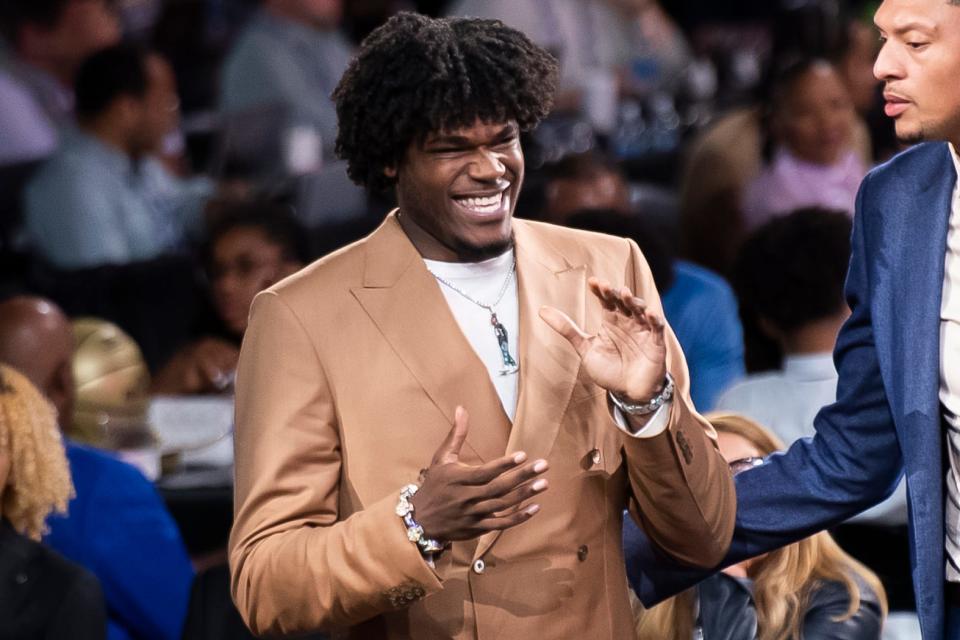 Jarace Walker claps after being selected eighth overall by the Washington Wizards at the 2023 NBA Draft at Barclays Center on Thursday, June 22, 2023, in Brooklyn, New York. Walker was later traded to the Indiana Pacers.