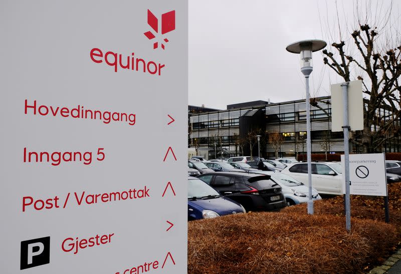 Equinor's logo is seen next to the company's headquarters in Stavanger