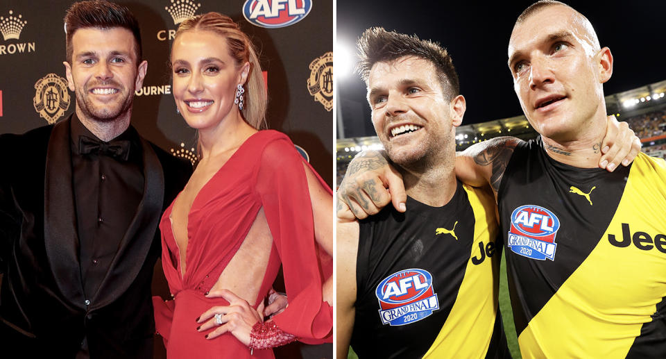 Trent Cotchin and wife Brooke alongside Dustin Martin.