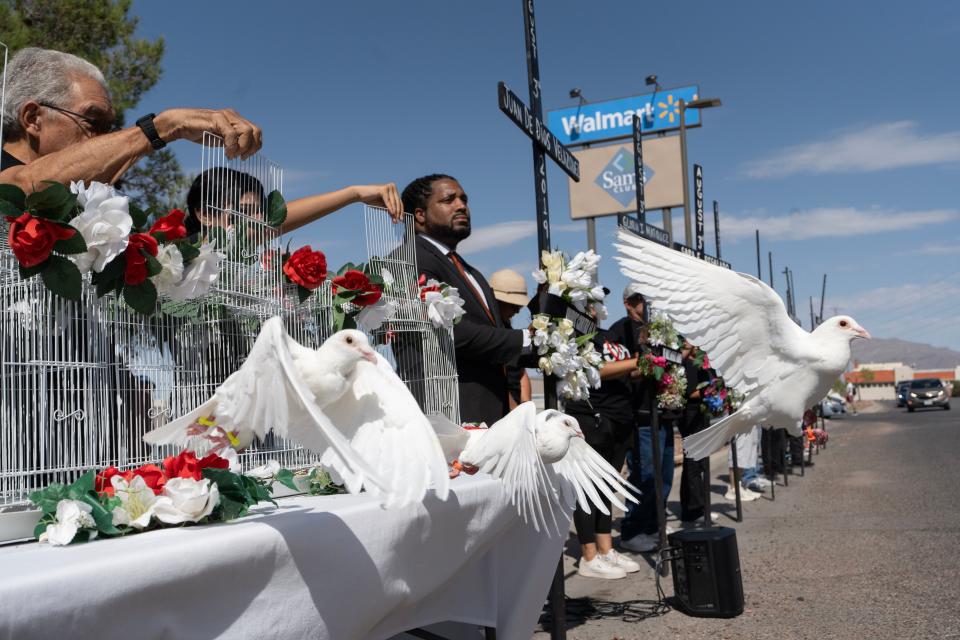 Doves are released during a memorial held on the fifth anniversary of the Aug. 3 mass shooting at Walmart.  The memorial was organized by the Border Network for Human Rights in El Paso, Texas on August 3, 2024.