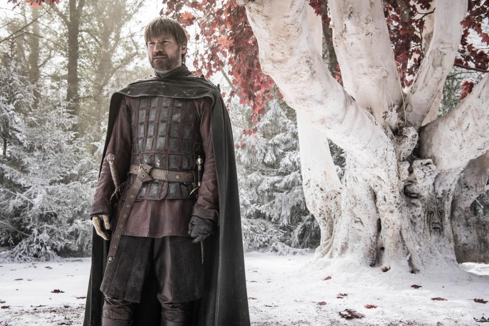 But by the time he makes it to the godswood in Season 8, things are very different for our Jaime, and I'm not just talking about his golden hand. Just like Tyrion, his hair is much darker and he's grown a beard dotted with gray, suggesting a seriousness that reflects a distance from both his family and his cocky younger days. He does, however, still wear a muted version of the Lannister colors of gold and crimson, so perhaps we shouldn't have been so surprised when he shattered <a href="https://www.allure.com/story/game-of-thrones-brienne-of-tarth-jaime-lannister-sex-scene-twitter-reactions?mbid=synd_yahoo_rss" rel="nofollow noopener" target="_blank" data-ylk="slk:his redemption arc;elm:context_link;itc:0;sec:content-canvas" class="link ">his redemption arc</a> and crawled back to Cersei in the penultimate episode.