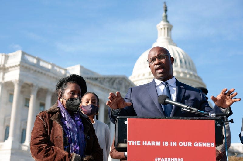 WASHINGTON, DC - NOVEMBER 16: Rep. Jamaal Bowman (D-NY) speaks at a press conference on H.R. 40 legislation as Rep. Sheila Jackson Lee (D-TX) looks on on Capitol Hill on November 16, 2021 in Washington, DC. During the press conference participants called on the legislation to be passed which would then create a commission to study and develop reparation proposals for African Americans. 