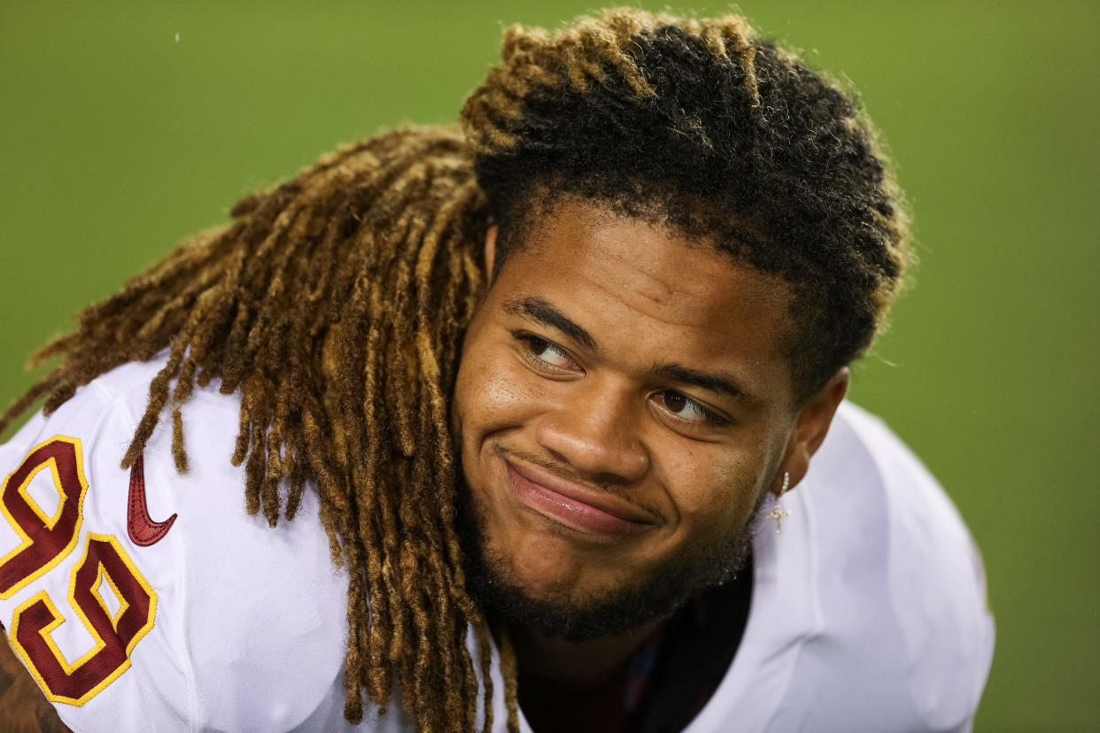 LANDOVER, MARYLAND - SEPTEMBER 16: Chase Young #99 of the Washington Football Team looks on prior to facing the New York Giants at FedExField on September 16, 2021 in Landover, Maryland. (Photo by Patrick Smith/Getty Images)