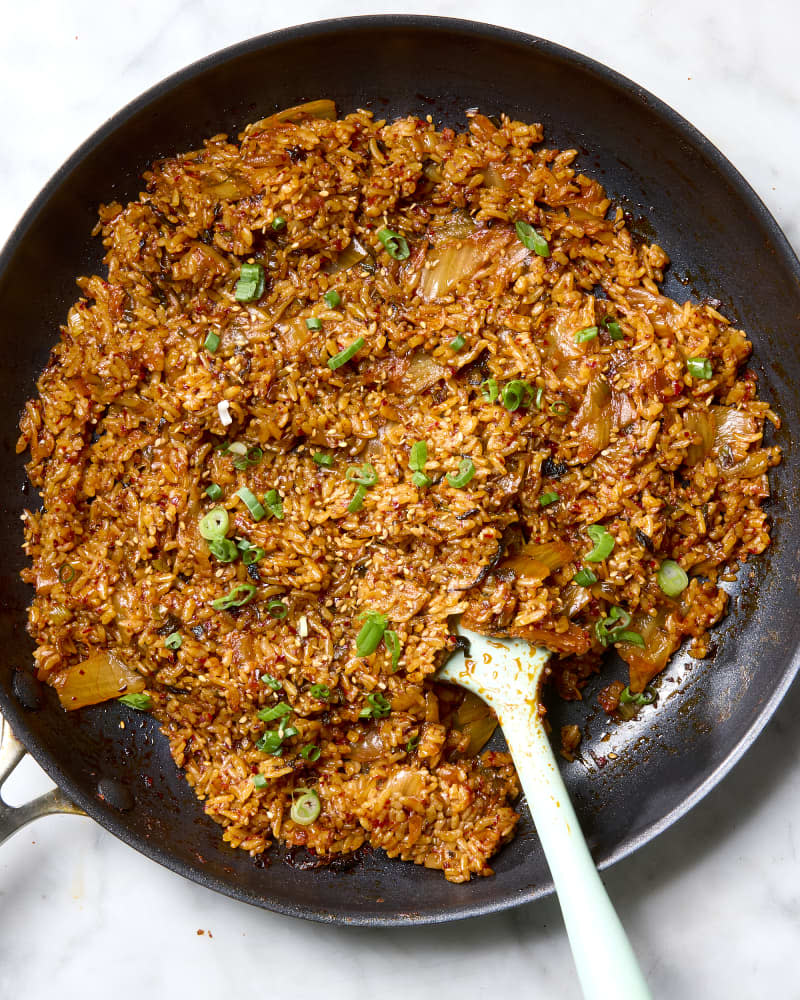 Overhead shot of kimchi fried rice in a frying pan.