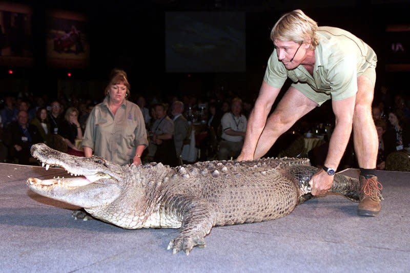 Steve Irwin wrestles a crocodile at an MGM luncheon at ShoWest in Las Vegas in 2002. Irwin died in 2006. UPI file photo