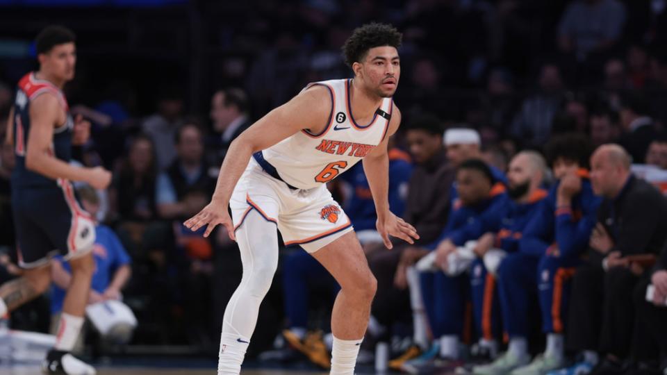 Apr 2, 2023; New York, New York, USA; New York Knicks guard Quentin Grimes (6) on defense during the first half against the Washington Wizards at Madison Square Garden. Mandatory Credit: Vincent Carchietta-USA TODAY Sports