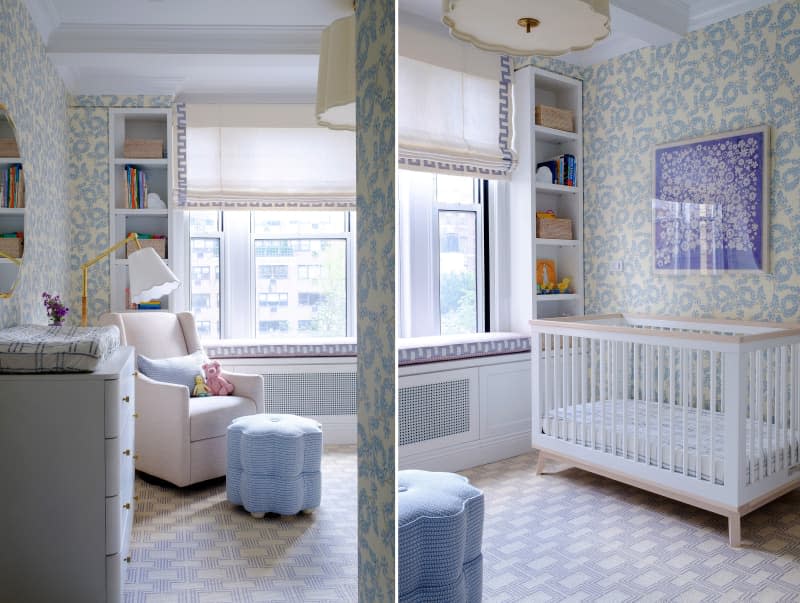 2 photos of nursery with blue patterned wallpaper and rug, with lots of white an blue soft accents