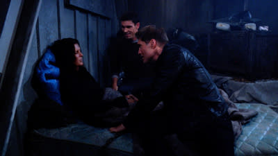  Deacon (Sean Kanan) and Finn (Tanner Novlan) rescue Sheila (Kimberlin Brown) in The Bold and the Beautiful. 