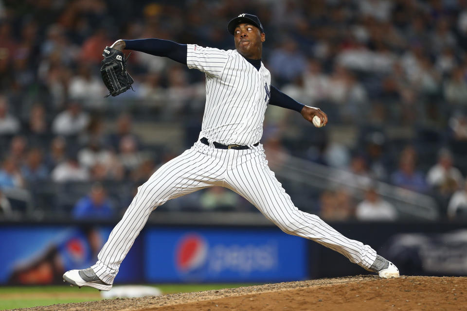 NEW YORK, NEW YORK - JULY 15:  Aroldis Chapman #54 of the New York Yankees in action against the Tampa Bay Rays at Yankee Stadium on July 15, 2019 in New York City. Tampa Bay Rays defeated the New York Yankees 5-4. (Photo by Mike Stobe/Getty Images)