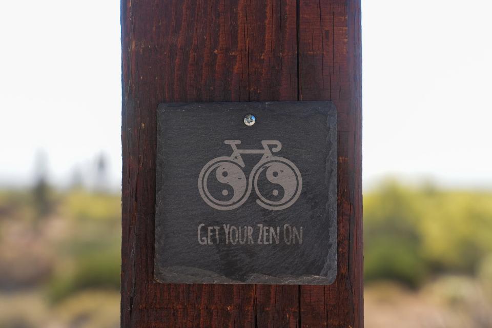 One of three break stops on the Pemberton Trail Loop at McDowell Mountain Regional Park on May 9, 2022, in Rio Verde. The stops correspond with five mile markers on the loop and are decorated with plaques and wind chimes.
