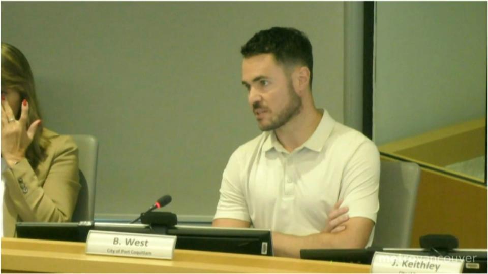 Port Coquitlam Mayor Brad West speaks at a Metro Vancouver board meeting on Friday May 31, 2024, about how the region should pay for increased costs of a new wastewater treatment plant in North Vancouver.