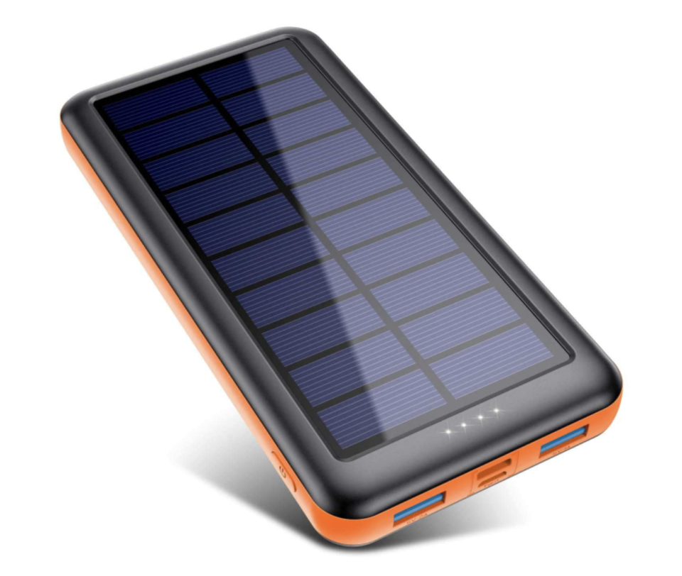 Solar Portable Charger in orange and dark blue on white background (Photo via Amazon)