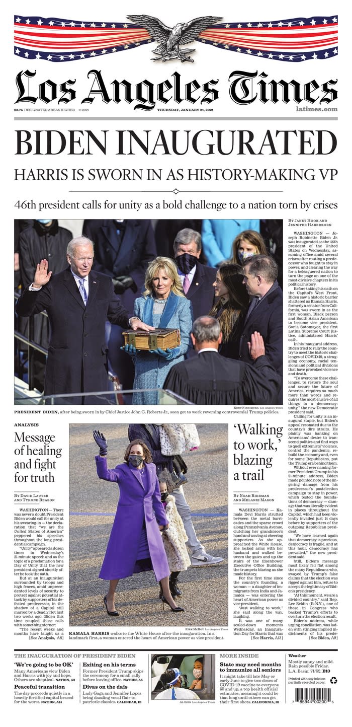 Jan. 21, 2021 front page of the Los Angeles Times